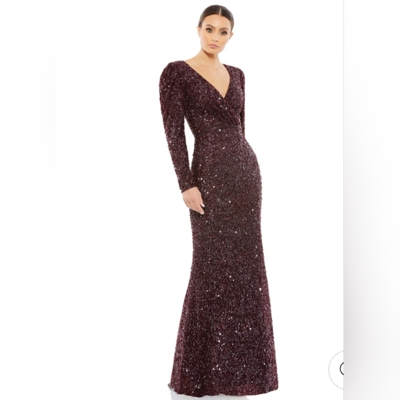 Mac Duggal Dresses & Skirts - MAC DUGGAL 5510 Sequined Surplice Longsleeve Gown Mahogany Sz 8 NWT